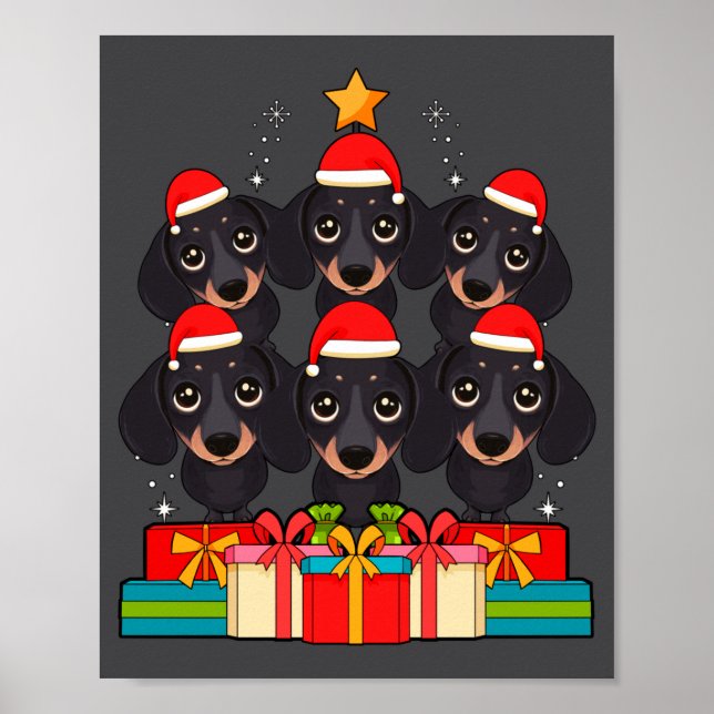 Affiche Cute Dachshund Le Doxie Christmas Tree Xmas Hat Lo (Devant)