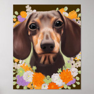 Affiche Cute Dachshund Puppy in Flowers Girls Room