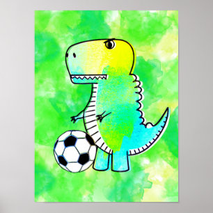 Affiche Cute Dinosaur Aime Le Football Aquarelle Personnal