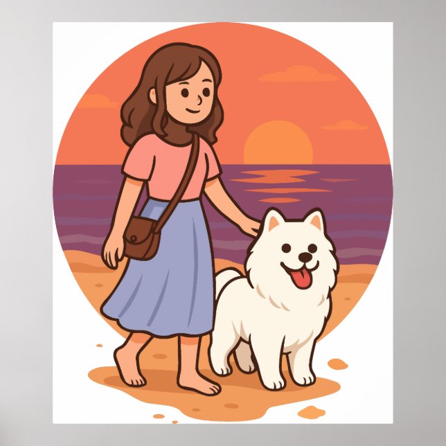Affiche Cute Dog Mom Walking Fluffy Pup on Sunset Beach  (Devant)