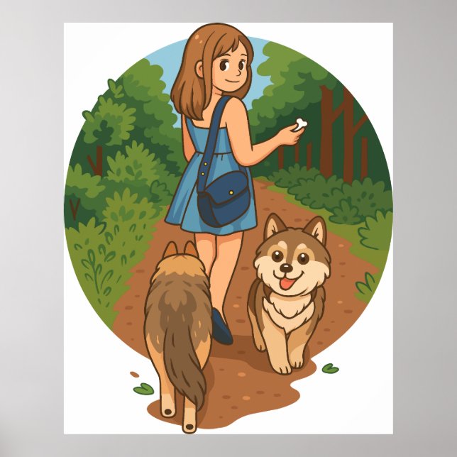 Affiche Cute Dog Mom Walking Puppies Forest Trail Illustra (Devant)
