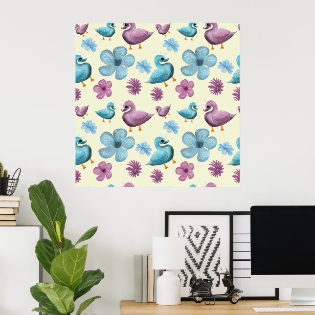 Affiche Cute Duck Floral Pattern Aesthetic Pastel Kawaii B (Bureau à domicile)