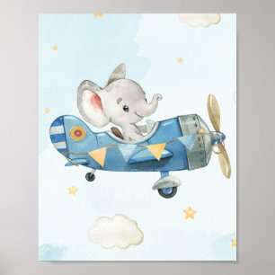 Affiche Cute Elephant Avion Aventure Ciel Bleu