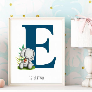 Affiche Cute Elephant Safari Monogram Nursery Room