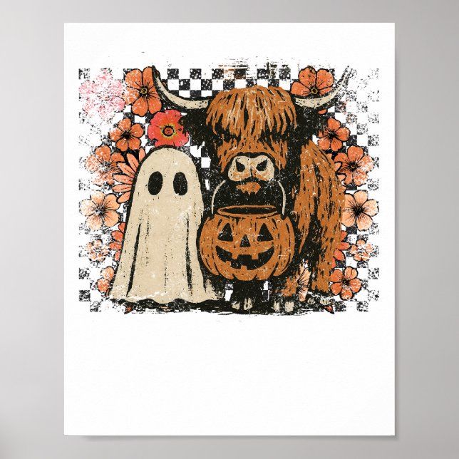 Affiche Cute Fall Highland Cow Ghost Halloween (Devant)