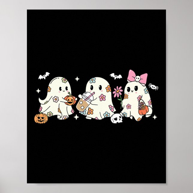 Affiche Cute Fantôme Floral Boire Café Halloween Ghost (Devant)