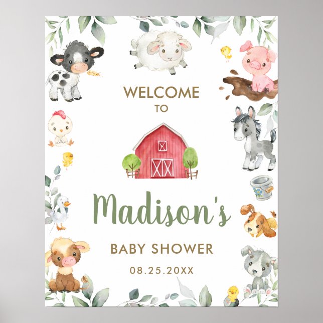 Affiche Cute Farm Animaux Baby shower verdoyant Bienvenue (Devant)