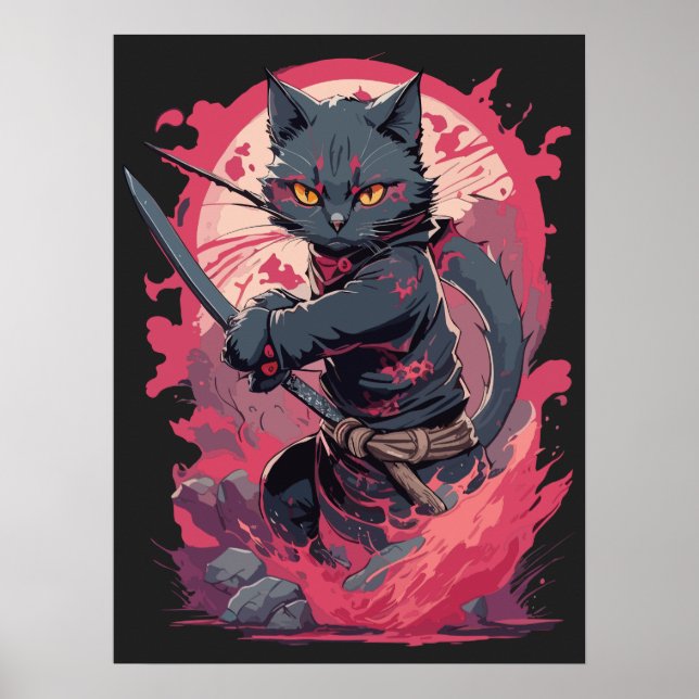 Affiche Cute Fire Splash Noir Ninja Chat Guerrier (Devant)