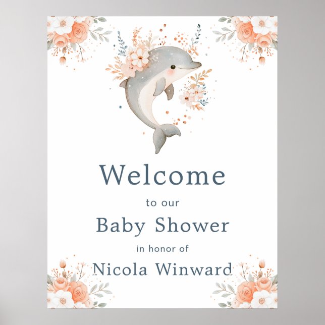 Affiche Cute Floral Dolphin Baby Shower Welcome (Devant)