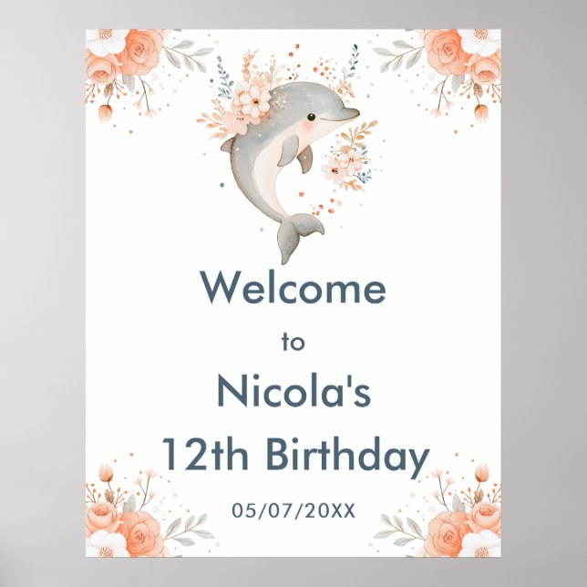 Affiche Cute Floral Dolphin Birthday Party Welcome (Devant)