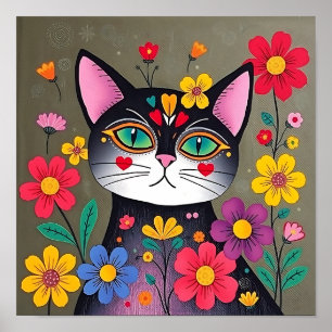 Affiche Cute Folk Art Chat noir et fleurs