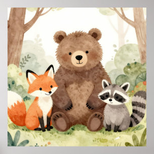 Affiche Cute Forest Friends Ours Renard Raton laveur Aquar