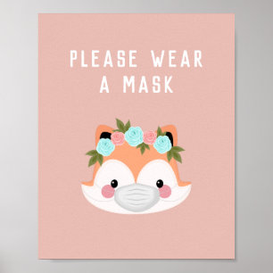 Affiche Cute Fox Caractère Floral Porter Un Masque Rose Co