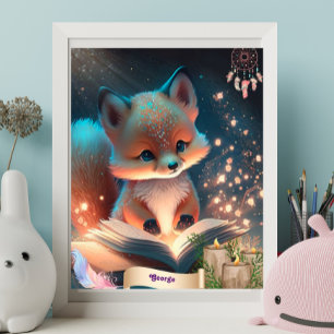 Affiche Cute Fox lire un livre personnalisé Art Nursery