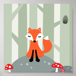 Affiche Cute fox sitting on a rock in the forest