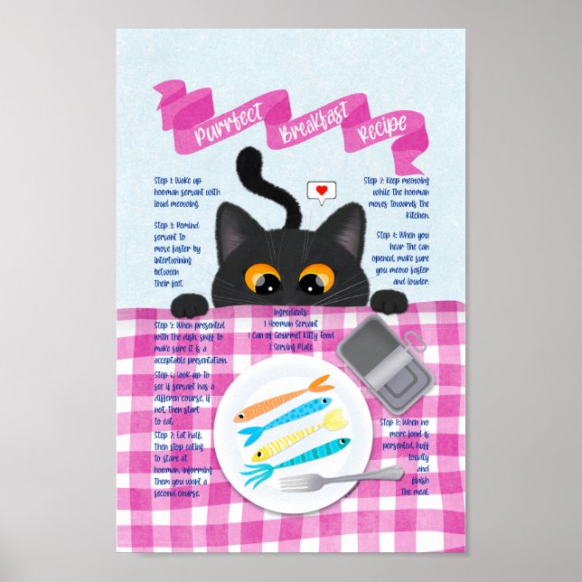 Affiche Cute Funny Black Cat Breakfast Recette (Devant)