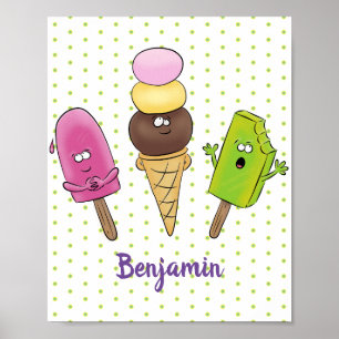 Affiche Cute funny ice cream popsicle cartoon trio