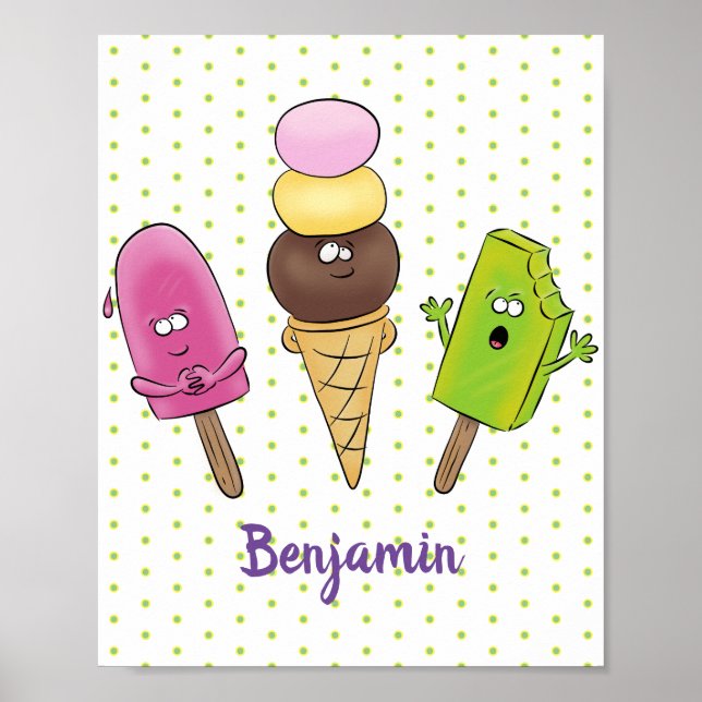 Affiche Cute funny ice cream popsicle cartoon trio (Devant)