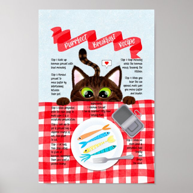 Affiche Cute Funny Tabby Petit Déjeuner de chat Recette (Devant)