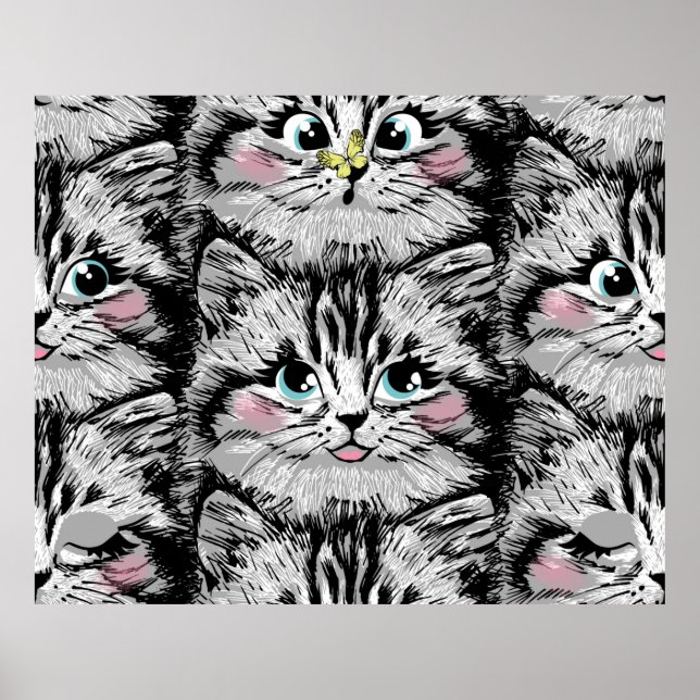 Affiche Cute furry kitten face seamless pattern. Illustrat (Devant)