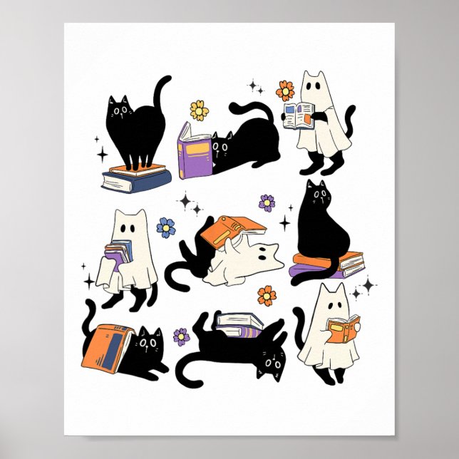 Affiche Cute Ghost Black Cat Lecture Livres Éffrayant Hall (Devant)