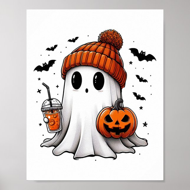 Affiche Cute Ghost Boire Café Halloween Ghost Ice Cof (Devant)