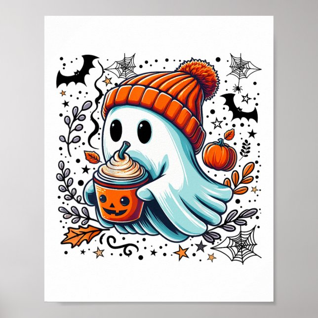 Affiche Cute Ghost Boire Café Halloween Ghost Ice Cof (Devant)