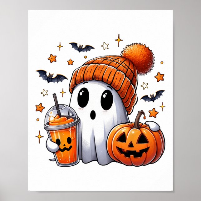Affiche Cute Ghost Boire Café Halloween Ghost Ice Cof (Devant)