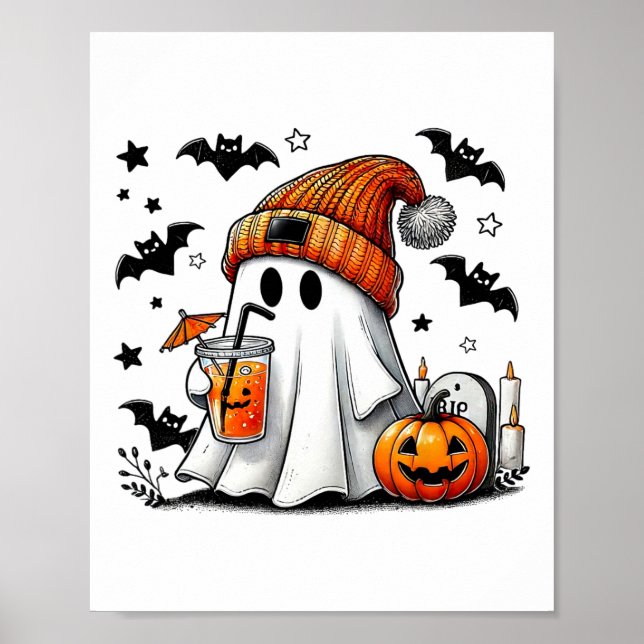 Affiche Cute Ghost Boire Café Halloween Ghost Ice Cof (Devant)