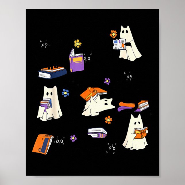 Affiche Cute Ghost Cat Reading Books Lover Bookish Hallowe (Devant)