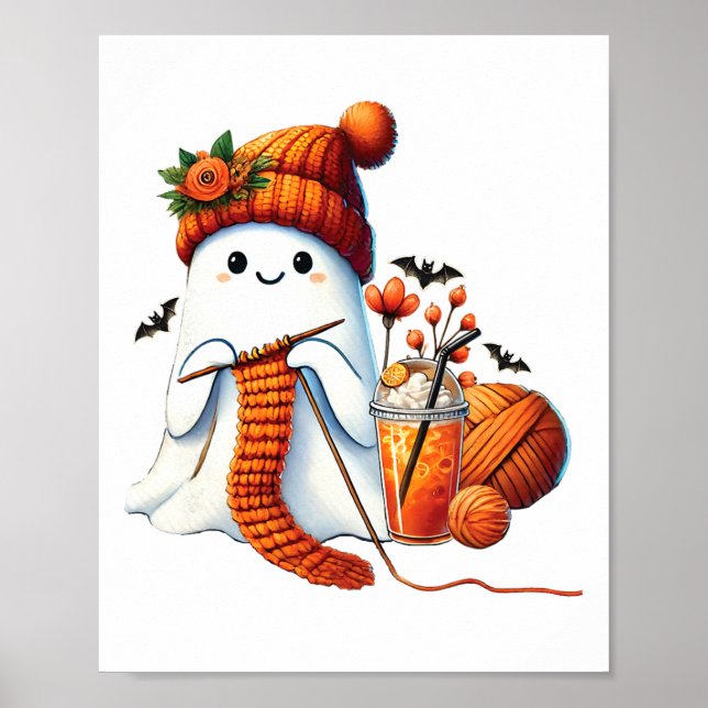 Affiche Cute Ghost Crochet Tricot Amateurs Halloween Café (Devant)