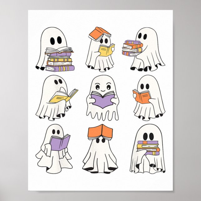 Affiche Cute Ghost Livres de lecture Drôle Halloween Livre (Devant)