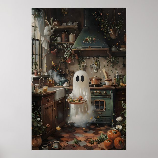 Affiche Cute Ghost Preparing To Eat Print, Floral Kitchen (Devant)