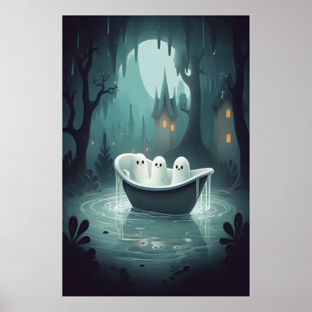 Affiche Cute Ghosts Baignoire Halloween, Fantôme Salle de  (Devant)