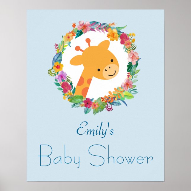 Affiche Cute Giraffe avec un Baby shower de couronne fleur (Devant)