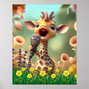 Affiche Cute Giraffe chantant avec micro dans le jardin de