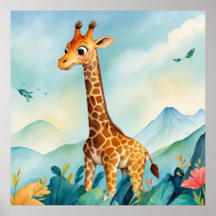 Affiche Cute Giraffe en Pépinière en Montagne