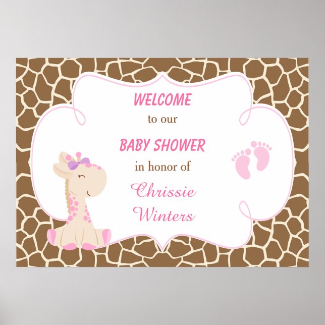 Affiche Cute Giraffe Girl Baby shower rose (Devant)