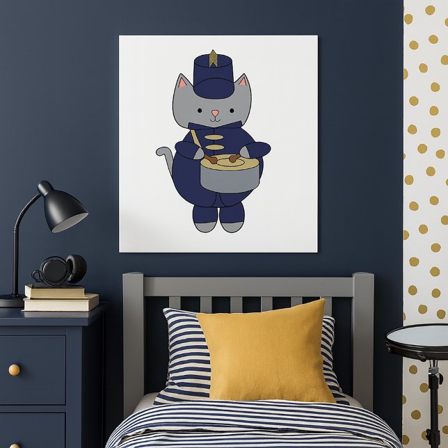 Affiche Cute Gray Cat Marching Band Drummer Illustration (A poster of a gray cat playing the drums in a navy blue & gold marching band uniform.)