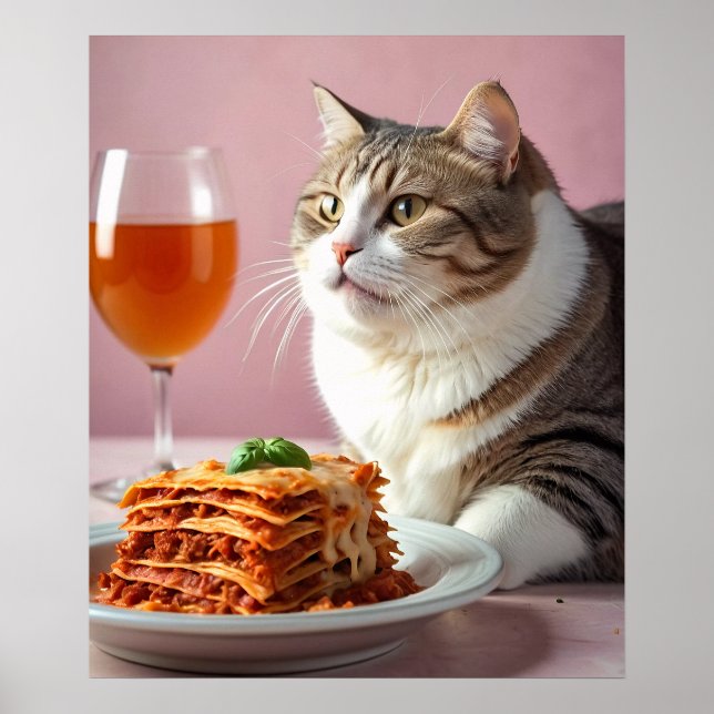 Affiche Cute Gray Chat avec Lasagne et Verre à Vin (Devant)