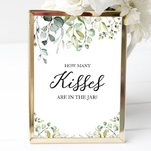 Affiche Cute Greenery Watercolor How Many Kisses Sign