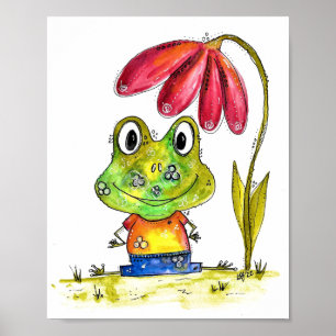 Affiche Cute grenouille blanche Whimsical sous une fleur r