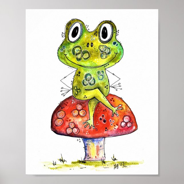 Affiche Cute Grenouille verte Whimsical sur Toadstool (Devant)