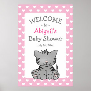 Affiche Cute Grey Kitten et Coeurs Baby shower fille