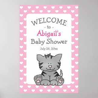 Affiche Cute Grey Kitten et Coeurs Baby shower fille
