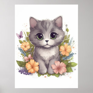 Affiche Cute Grey Kitty avec Fleurs Kawaii Chibi