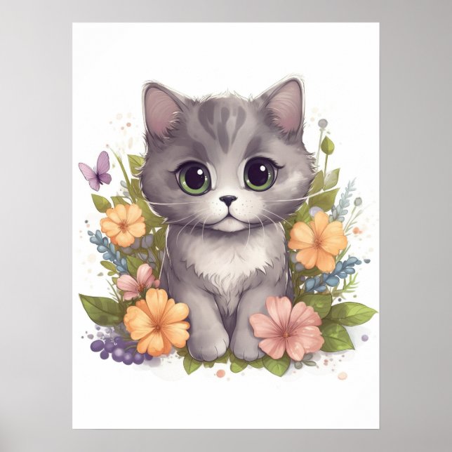 Affiche Cute Grey Kitty avec Fleurs Kawaii Chibi (Devant)