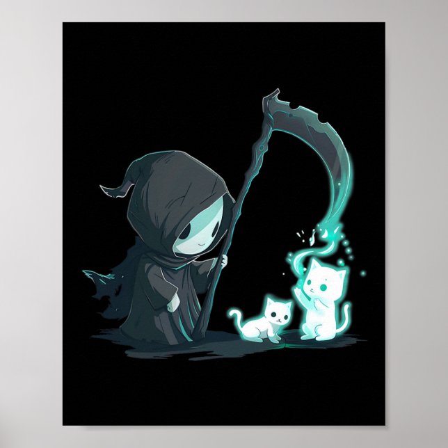 Affiche Cute Grim Reaper Squelette Avec Chat Ghost Kawaii  (Devant)