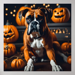 Affiche Cute Halloween Boxer Chien avec Citrouille la nuit