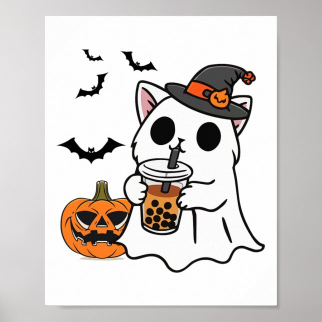 Affiche Cute Halloween Chat En Costume Fantôme Boire Boba (Devant)